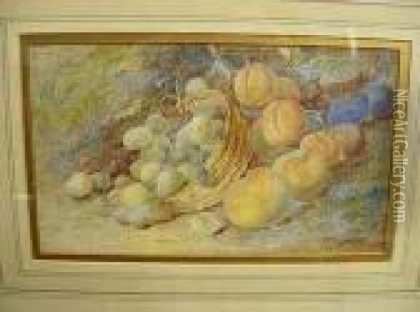 Watercolour, Stilllife Peaches, Plums And Grapes In A Basket Oil Painting - Vincent Clare
