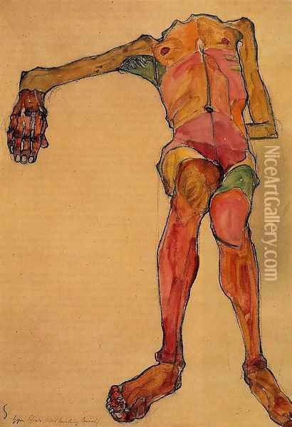 Seated Male Nude Right Hand Outstretched Oil Painting - Egon Schiele
