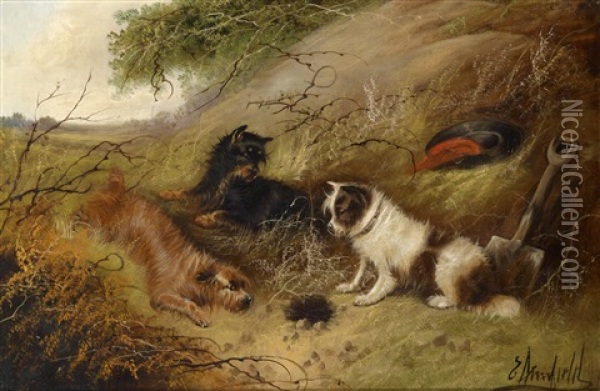 Drei Hunde Bewachen Einen Tierbau Oil Painting - George Armfield