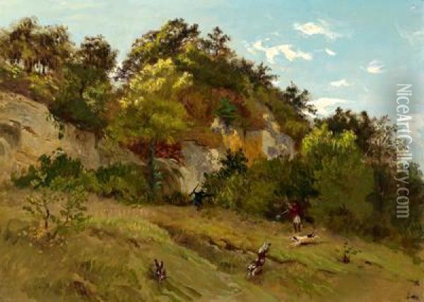 Landschaft Mit Felsen Und Hasenjagd Oil Painting - Charles Busson