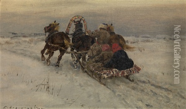 Winter Sleigh Oil Painting - Sergei Semyonovich Voroshilov