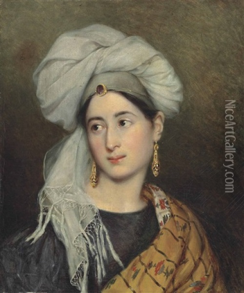 Portrait Of A Woman In Oriental Dress Oil Painting - Achille Jacques Jean Marie Deveria