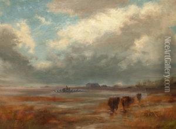 Cattle Watering In A Coastal Marsh; Oil On Board Oil Painting - John Colin Forbes