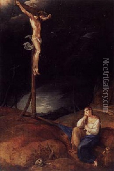 The Crucifixion With Mary Magdalen In Penitence Oil Painting - Gillis Mostaert the Elder