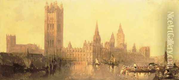 Westminster- Houses of Parliament, c.1860 Oil Painting - David Roberts