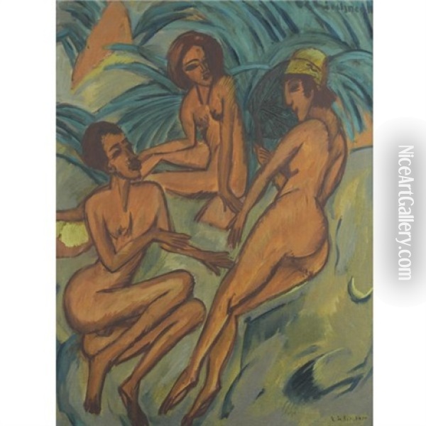 Gruppe Badender Am Strand - Group Of Bathers On The Beach Oil Painting - Ernst Ludwig Kirchner
