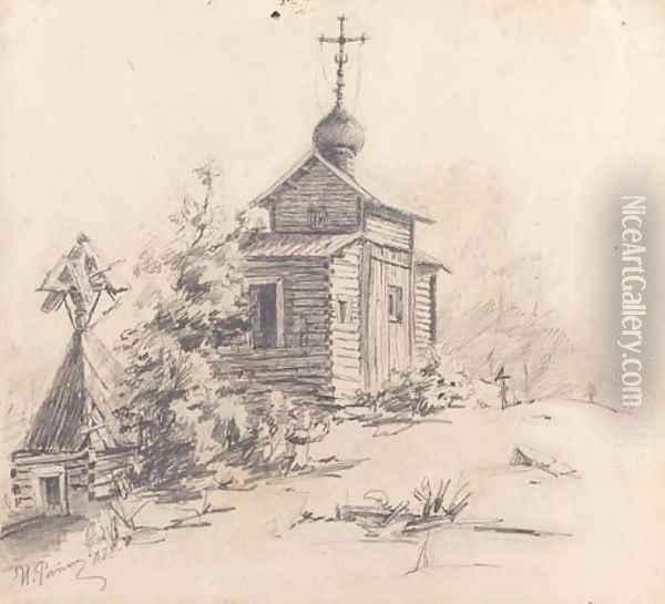 Russian wooden Church in a Graveyard Oil Painting - Ilya Efimovich Efimovich Repin