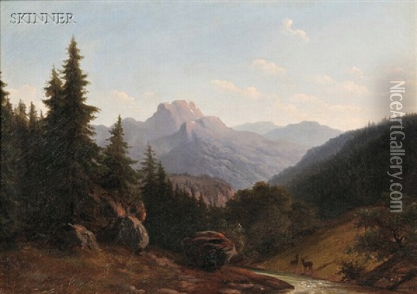 Mountain Landscape With Hunter Stalking Deer Oil Painting - Walther Wuennenberg