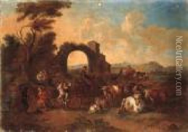 An Italianate Landscape With Drovers And Cattle And Peasantsdancing Oil Painting - Anton Goubau