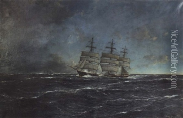 Vollschiff Auf See Bei Einbruch Der Nacht Oil Painting - Carl Wilhelm Hugo Schnars-Alquist