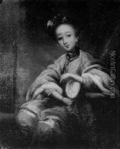 Portrait Of An Oriental Lady, Seated Half Length, Holding A Fan Oil Painting -  Lam Qua