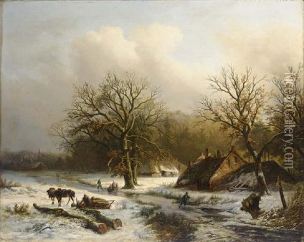 Figures In A Winter Landscape, A Town In The Distance Oil Painting - Alexander Joseph Daiwaille
