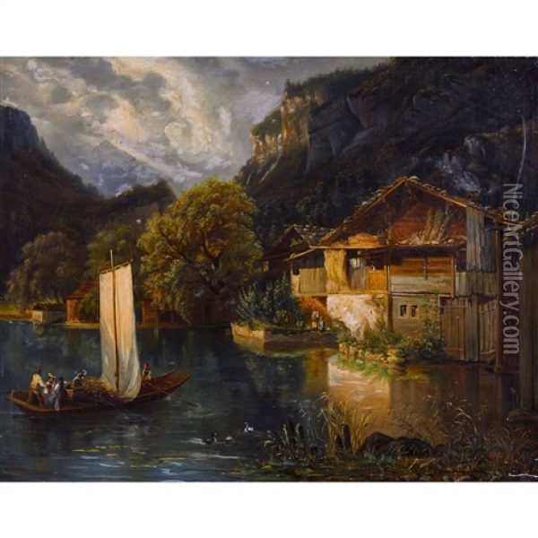 Schweizer Bergsee Mit Segelboot Und Bauernhausern Oil Painting - Janus la Cour