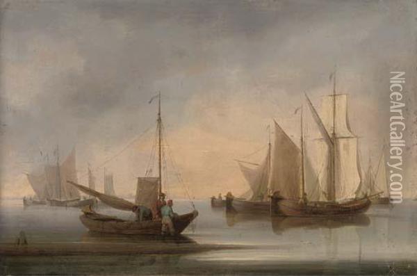 Dutch Fishing Barges Drying Their Sails At The End Of The Day Oil Painting - William Anderson