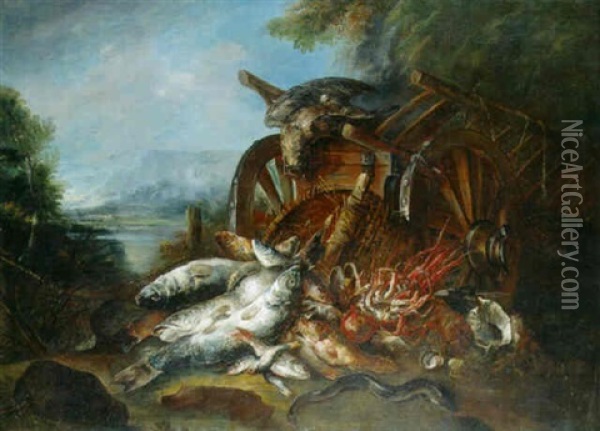 A Dead Falcon And Other Dead Fish On The Bank  Of An Estuary Oil Painting - Felice Boselli