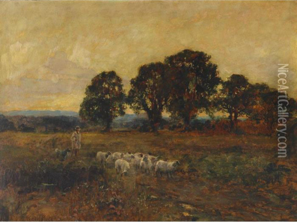 Gentleman Herder With His Dog And Flock Oil Painting - Henry John Yeend King