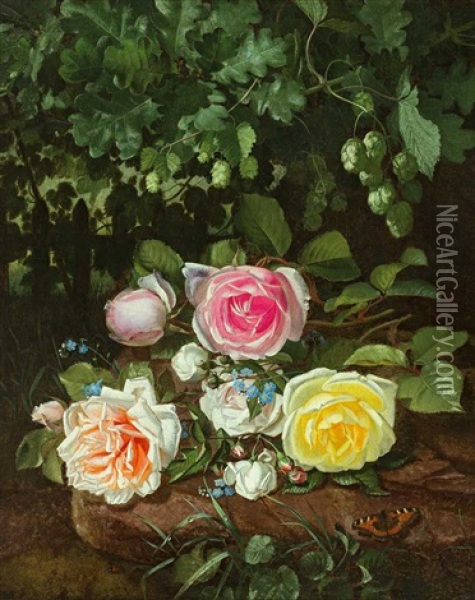 Elegantes Blumenbouquet Auf Einem Schollensockel Unter Gebusch Oil Painting - Otto Didrik Ottesen