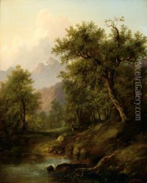 View Of A Lake In A Mountain Landscape Oil Painting - Eduard Boehm