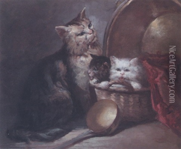 Mother With Her Kittens Oil Painting - Alfred Godchaux