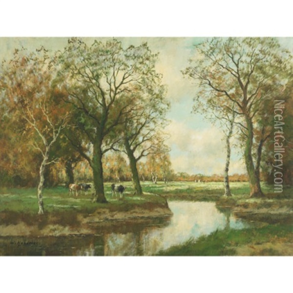Cattle Grazing In A Spring Landscape Oil Painting - Willem Hendriks