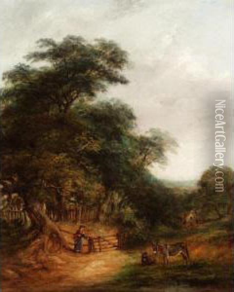 Landscape With Donkeys And A Figure Oil Painting - Robert Burrows