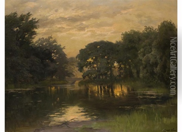 Parklandschaft Mit Teich Und Brucke Im Gegenlicht Der Abendsonne Oil Painting - Oskar Leu