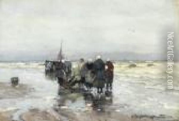 Fisher Women Waiting On The Beach Oil Painting - Gerhard Arij Ludwig Morgenstje Munthe