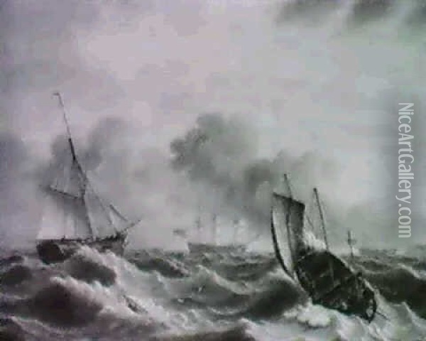 Shipping In Rough Seas. Oil Painting - Thomas Luny