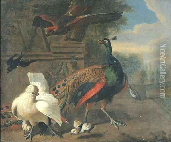 A peacock, a white hen and chickens Oil Painting - Melchior de Hondecoeter