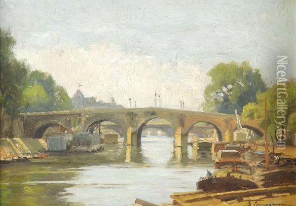 Bridge On The Seine, Paris, Signed Lower Right Oil Painting - Adolphe Faugeron