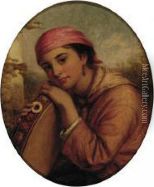Girl In A Red Kerchief With Her Tambourine Oil Painting - Joshua Hargrave Sams Mann