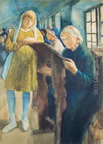 Family In A Synagogue Oil Painting - Maurice Minkowski