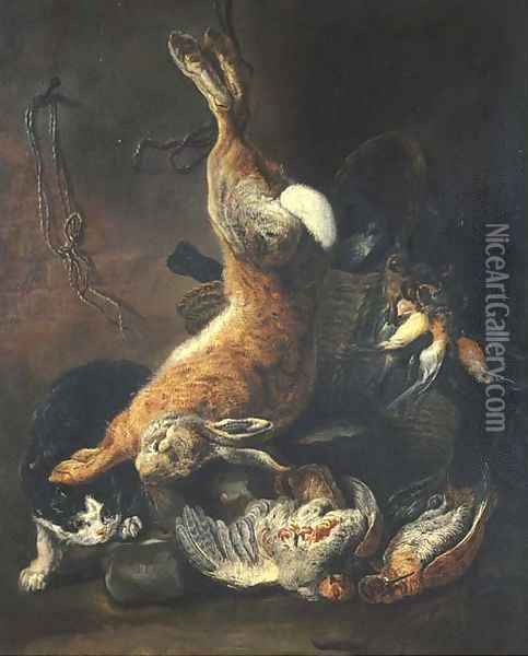 A hunting still life with a hare hanging from a rope by a stone wall Oil Painting - Nicolaas Van Herp