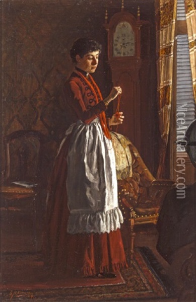 Winding The Yarn Oil Painting - George Newall Bowers