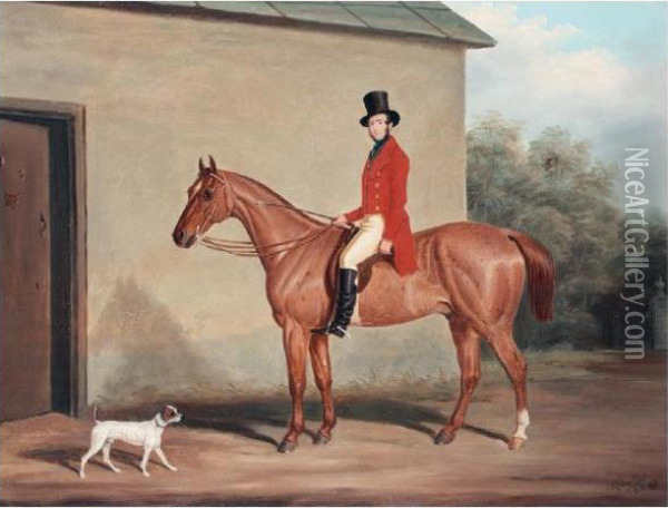 Major William Vaughan Jenkins On A Chestnut Hunter At Combe Grove, Bath Oil Painting - James Loder Of Bath