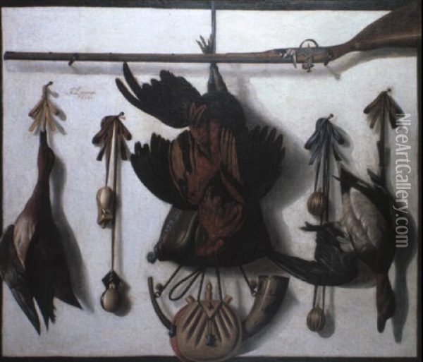 Still Life With Birds And Hunting Paraphernalia Oil Painting - Johannes Leemans