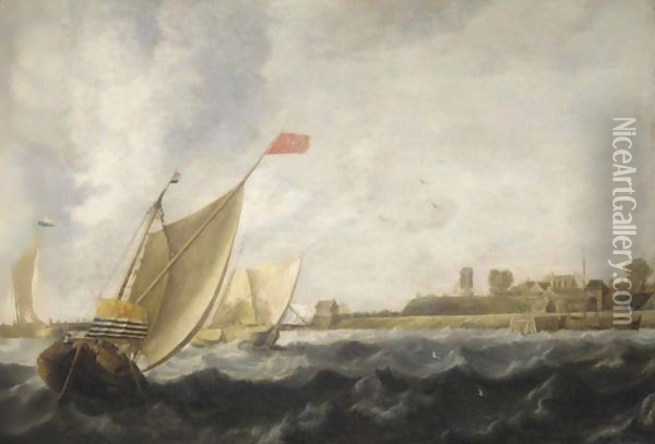 A River Scene With Dutch Smalschips Oil Painting - Bonaventura, the Elder Peeters