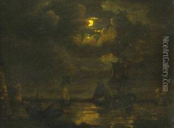A Man O'war Being Unloaded In A Fortified Harbour Under The Cover Of A Smugglers Moon Oil Painting - Francis Swaine