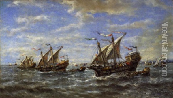 En Manoeuvre - Anciennes Caravelles De Guerre Francaises Oil Painting - Francois-Etienne Musin