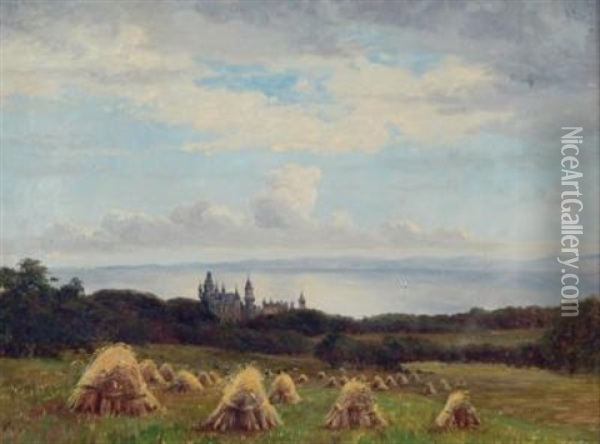 Knowsley Looking Towards Liverpool And Dunrobin Castle (pair) Oil Painting - James Hey Davies