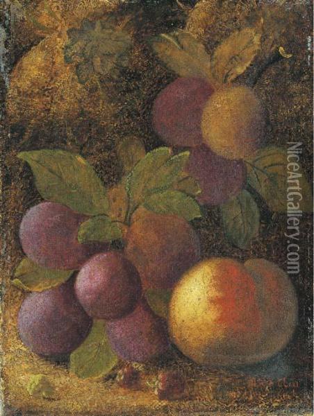 Plums, A Peach And Raspberries Oil Painting - Oliver Clare