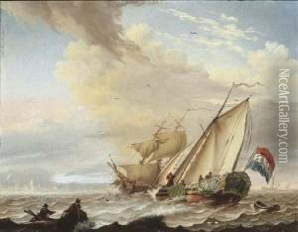 A Dutch Yacht And A Rowing Boat In Choppy Waters, Other Shipping Beyond Oil Painting - Dyonis Van Dongen