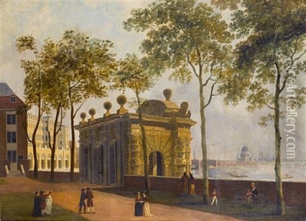 A View Of The Thames From The Buckingham Stairs Water Gate Towards The Adelphi Terrace, Saint Paul's Cathedral Beyond Oil Painting - William Marlow