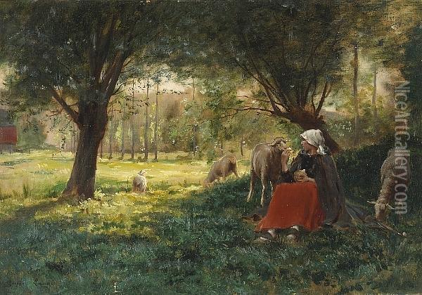 A Shepherdess With Her Flock In A Wooded Grove Oil Painting - Georges Laugee