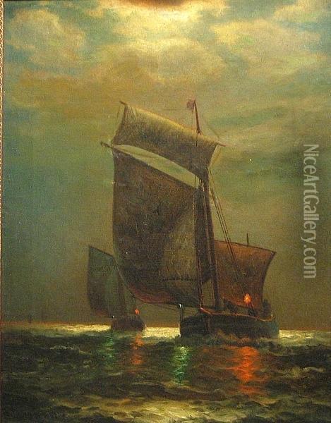 Ships In The Moonlight Oil Painting - James Gale Tyler