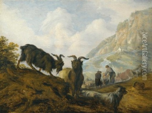 Goats On A Hillside With Herders Beyond Oil Painting - Jacob Sibrandi Mancadan