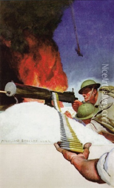 Soldiers Firing Machine Gun, Civilian Hand Holding Bullets Oil Painting - Mcclelland Barclay