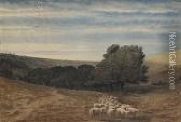 A Young Girl With A Flock Of Sheep Oil Painting - William Turner