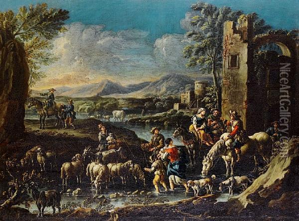 A Cowherd And Shepherds Resting Theirlivestock In An Upland Landscape Oil Painting - Gaetano De Rosa