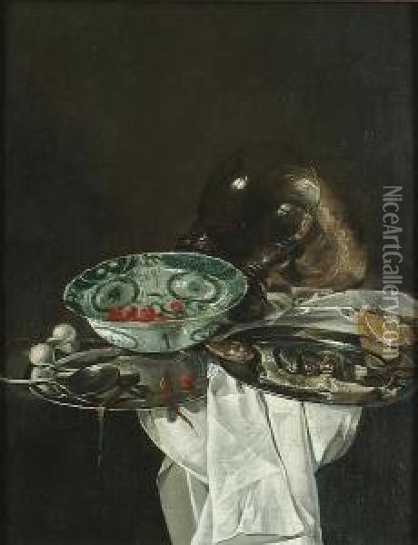 A Silver Salva With A Fish, 
Strawberries In A Wan-li Kraakware Dish, An Overturned Roemer And A 
Silver Tazza On A Draped Table Top Oil Painting - Pieter Claesz.